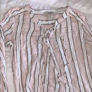 Pink, white and gray striped long sleeve shirt